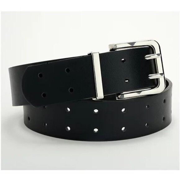 Susan Graver Solid Faux Leather Two- Prong Waist Belt Black Silver Womens S/M - Picture 1 of 3